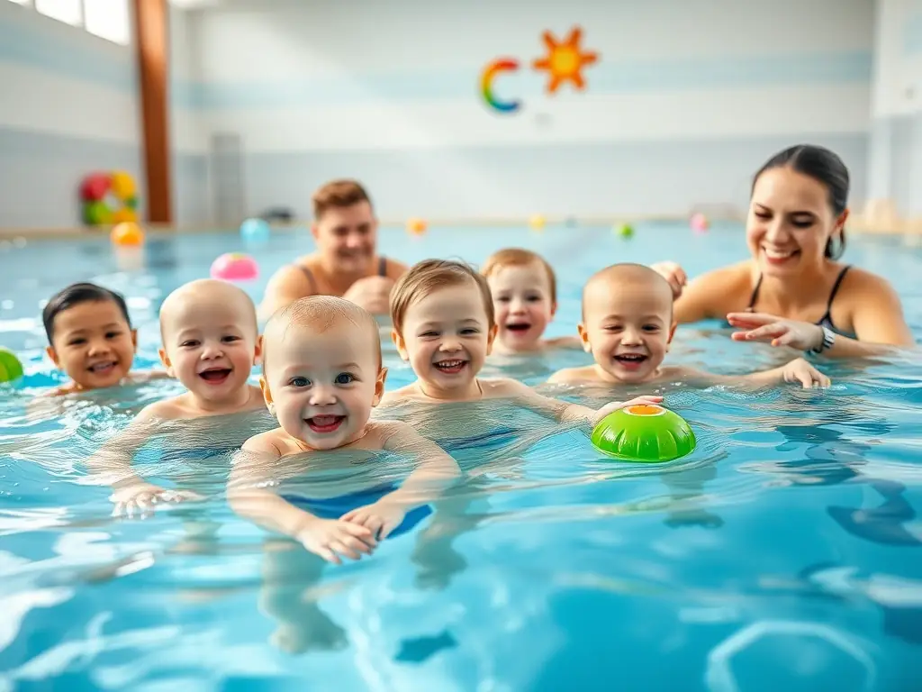 A group of babies and toddlers in a swimming class, with instructors guiding them through various water exercises, all smiling and engaged.
